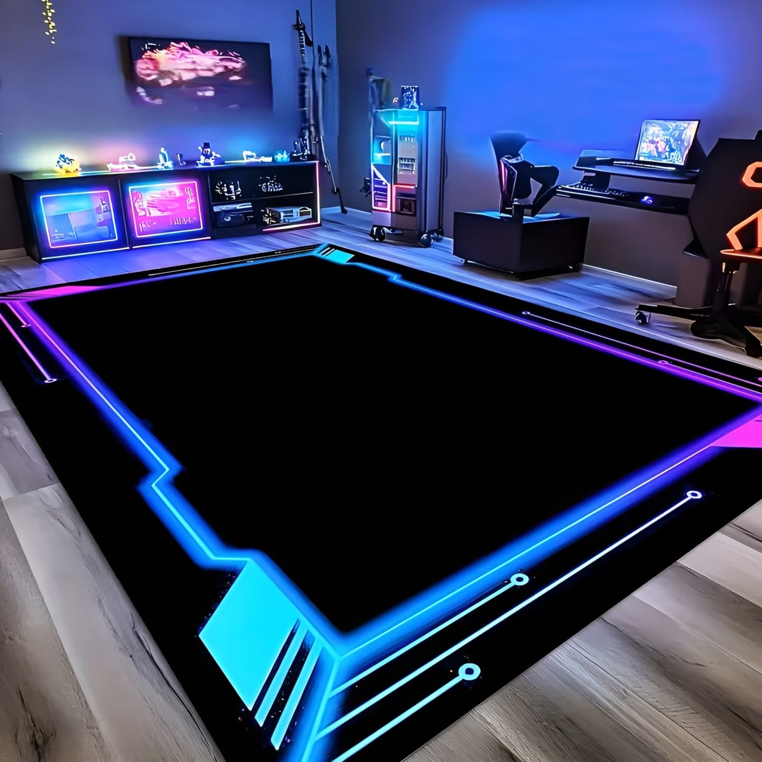 Gaming Teppich Cyberpunk Design, Futuristischer Rahmen Optik in Blau & Pink, Rutschhemmend, Maschinenwaschbar Pflegeleicht, Spielzimmer E-Sport Zimmer, 100x150cm