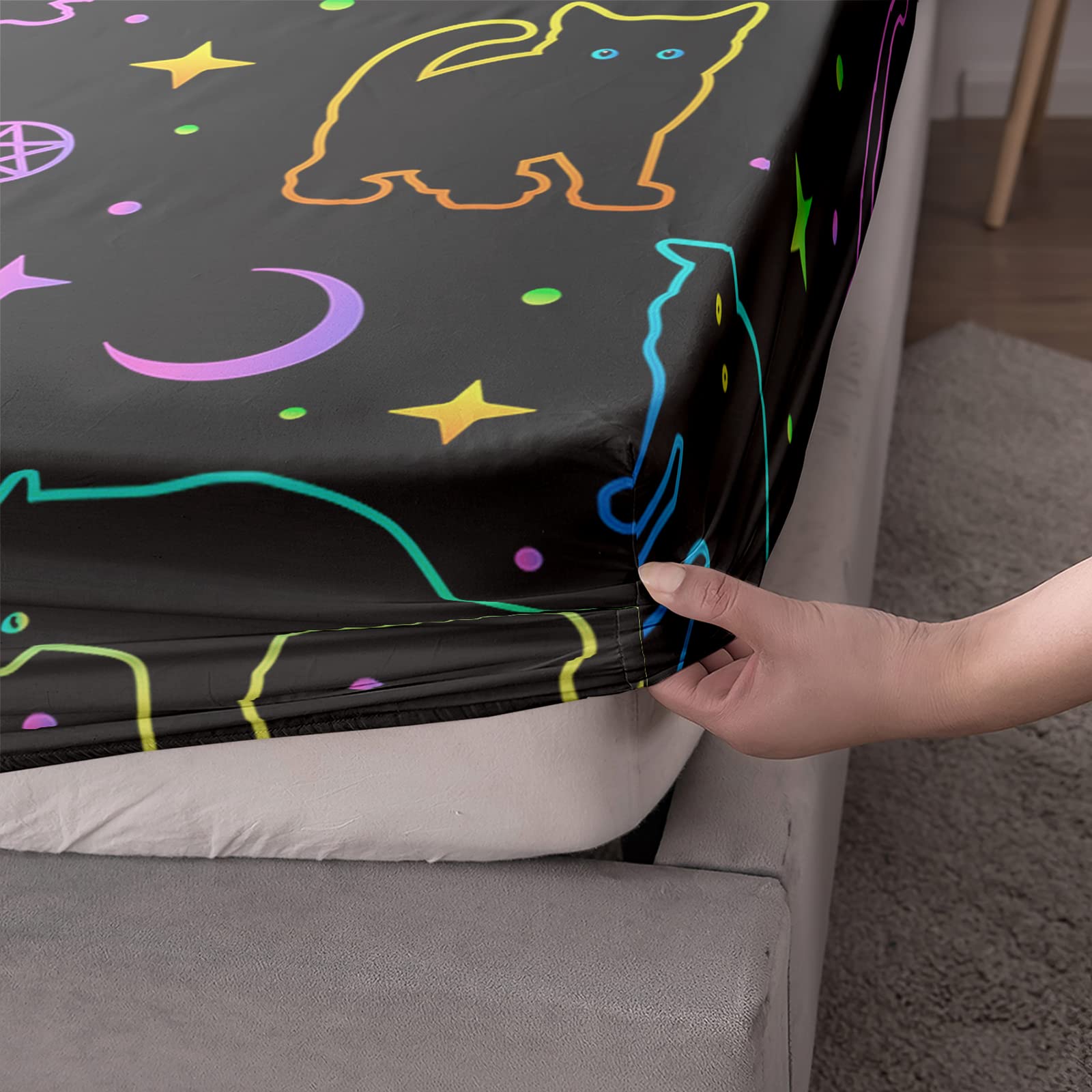 Bettwäsche-Set Mit Schwarzen Katzen & Leuchtenden Sternen – Neon-lila Akzente, Microfaser, Mehrere Größen