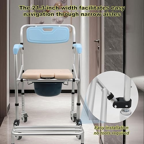 Miniatura 6 de Silla de ducha con ruedas y cómoda, silla de ducha plegable con 5 opciones de altura y reposapiés más ancho, 21.3 pulgadas de ancho para pasillos