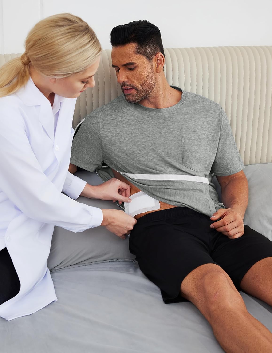 Deyeek Men's Post Shoulder Surgery Shirts Recovery Tear Away Short Sleeve Full Open Side Snap Adaptive Chemo Clothing - Image 3