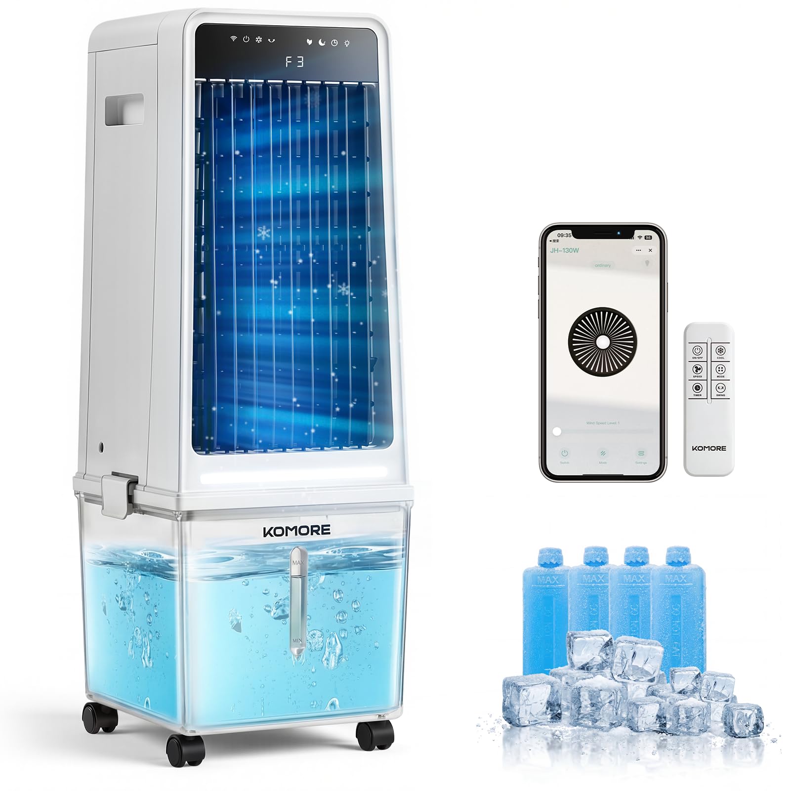 KOMORE 14L Evaporative Air Cooler, 9m/s Velocity, 3-in-1 Portable Air Cooler Fan with Remote/APP, 12H Timer, 3 Modes 3 Speed