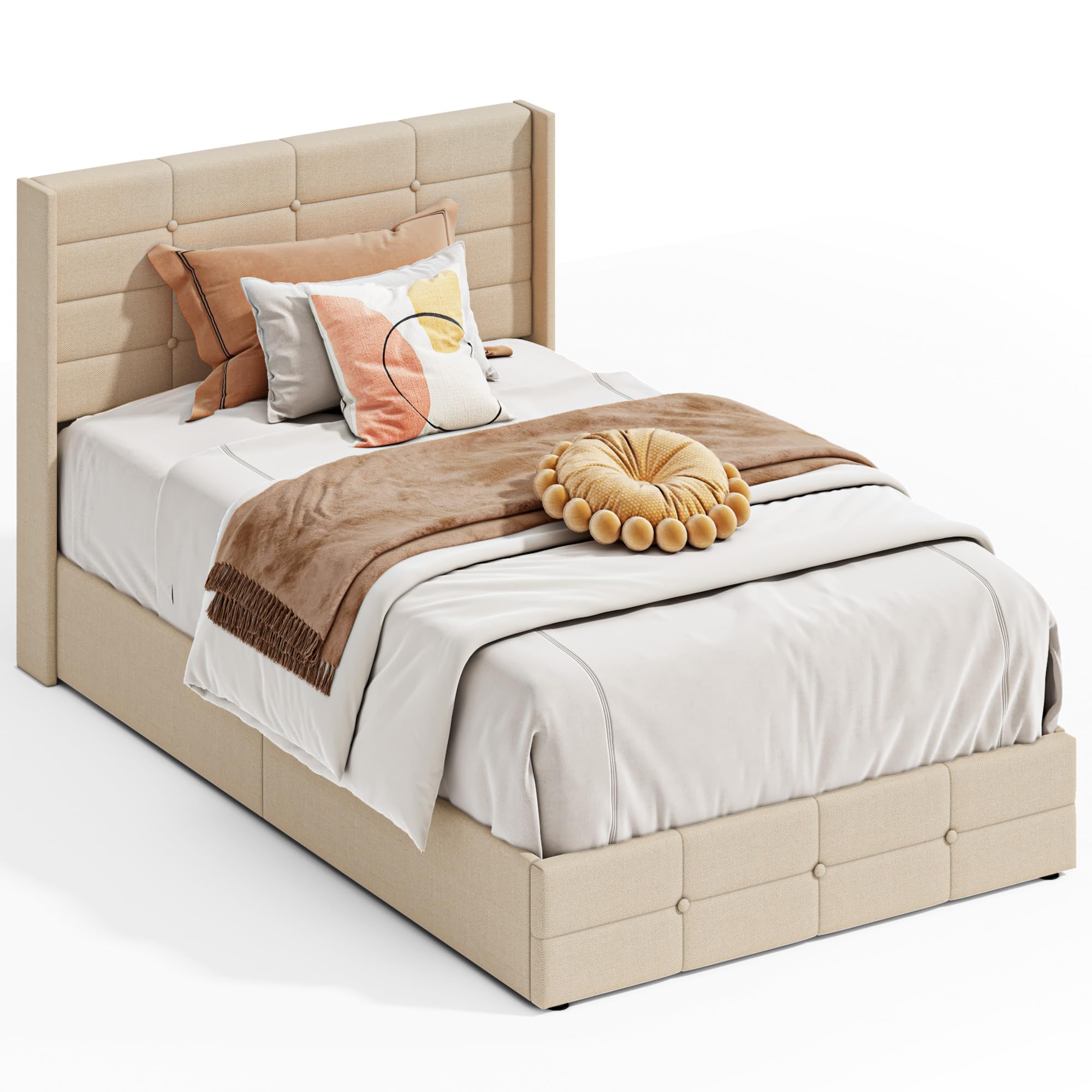 Letto contenitore idraulico 140 x 200CM, letto matrimoniale imbottito con testiera e contenitore, giroletto con rete a doghe, letto per ragazzi, senza materasso (Beige, 120X200)