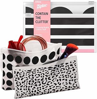 Ziploc Reusable Travel Makeup and Accessory Bag, Great for School or Work, Chic Collection, 5 Essential and 5 Skinny, 10 Bags Total, Packaging May Vary