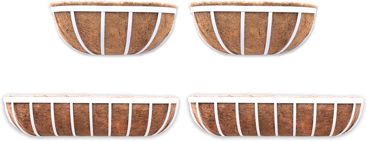 LaLaGreen Bundle- 2 Pack, 16 Inch + 2 Pack,30 Inch White Metal Basket with Coco Liner Hanging Window Flower Plant Herb Box Horse Trough Rectangular Planter Outdoor Balcony Home Patio Porch Rail Garden