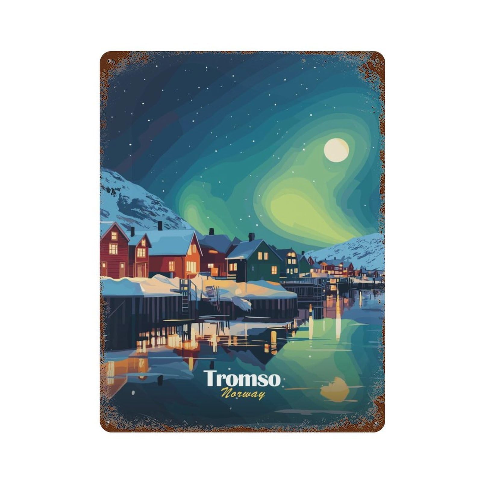 Decorative Tin Sign Tromso, Norway Night 15.7"x11.8", Novelty Wall Decor for Shed, Workshop And Garage Wall Decor