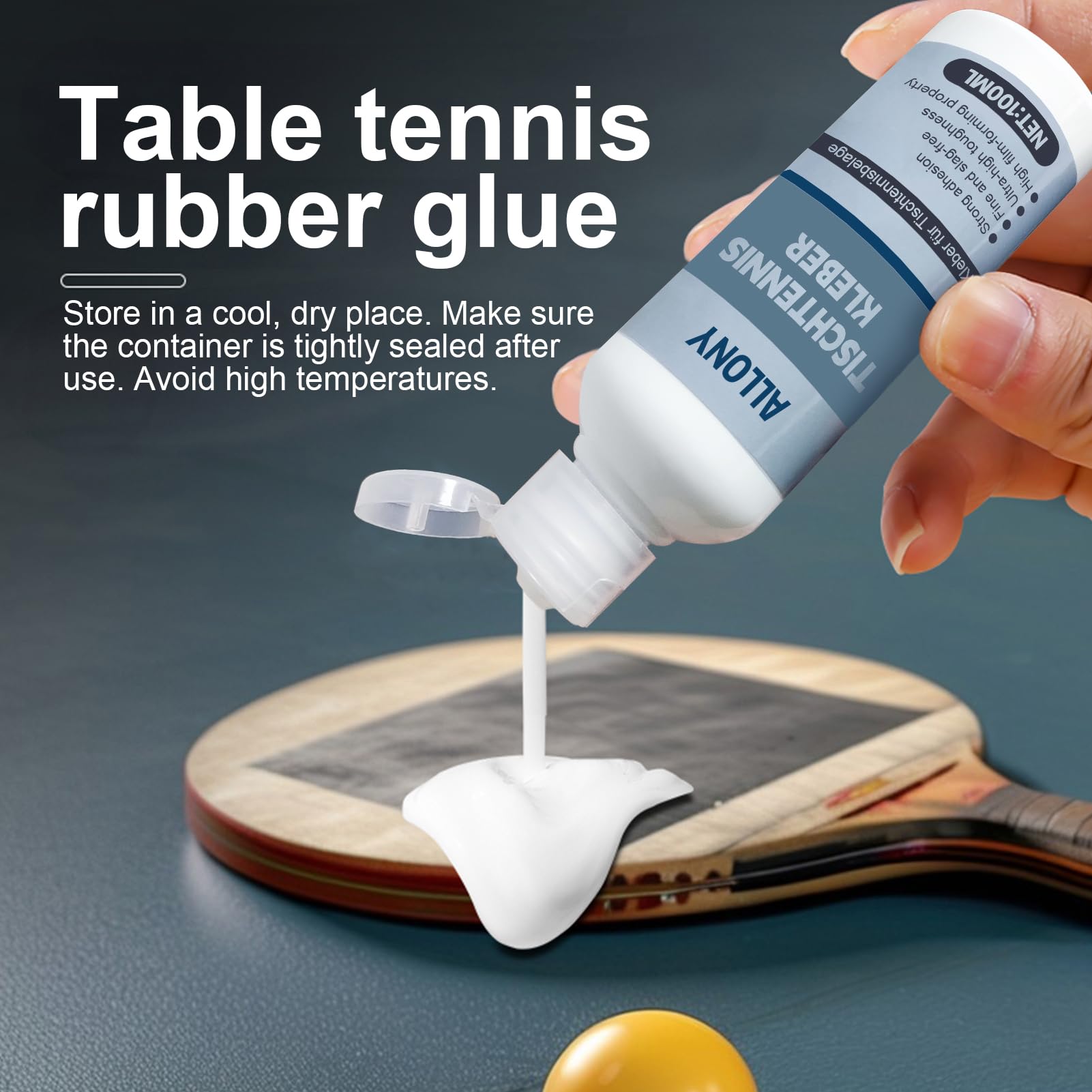 Allony Pegamento de Ping Pong, Pegamento para Raquetas Tenis Mesa, Adhsivo de Tenis de Mesa, Con Cepillo de Esponja, Rápida Formación de Película, Fácil de Usar -100 ml