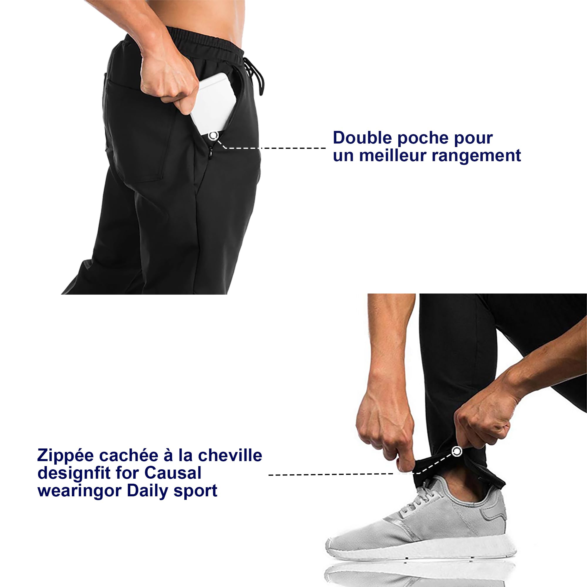 BROKIG Jogging Homme Sport Pantalon de Double Poche,Pantalons Fitness Zippés et Stretch pour Hommes Pantalon Survêtement Coton