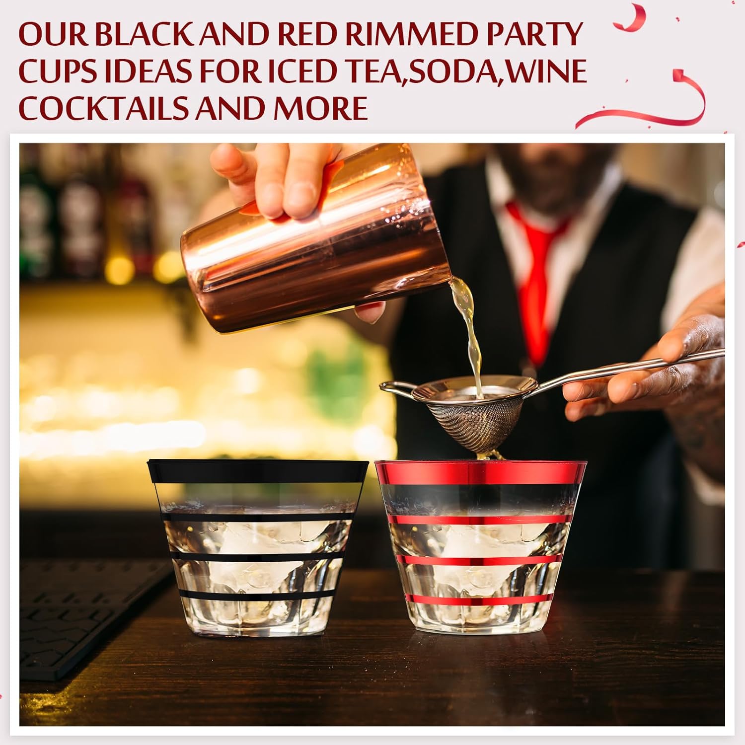 Gejoy 9 oz Happy New Year Rimmed Stripe Plastic Cups Bulk Disposable Wine Hard Plastic Drinking Cocktail Cups Tumblers for Wedding Gathering Party Supplies(Black, Red,100pcs) - Image 4