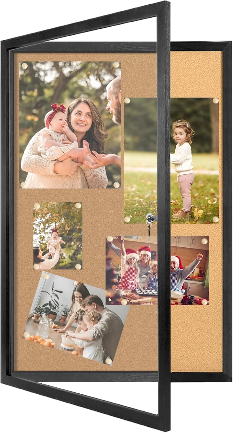 Enclosed Cork Bulletin Board, Lockable and Tamper-Proof Bulletin Noticeboard with Black Pine Frame, 36”x24”, Enclosed Cork Board for Home, Living Room, Bedroom, School, Office, Commercial