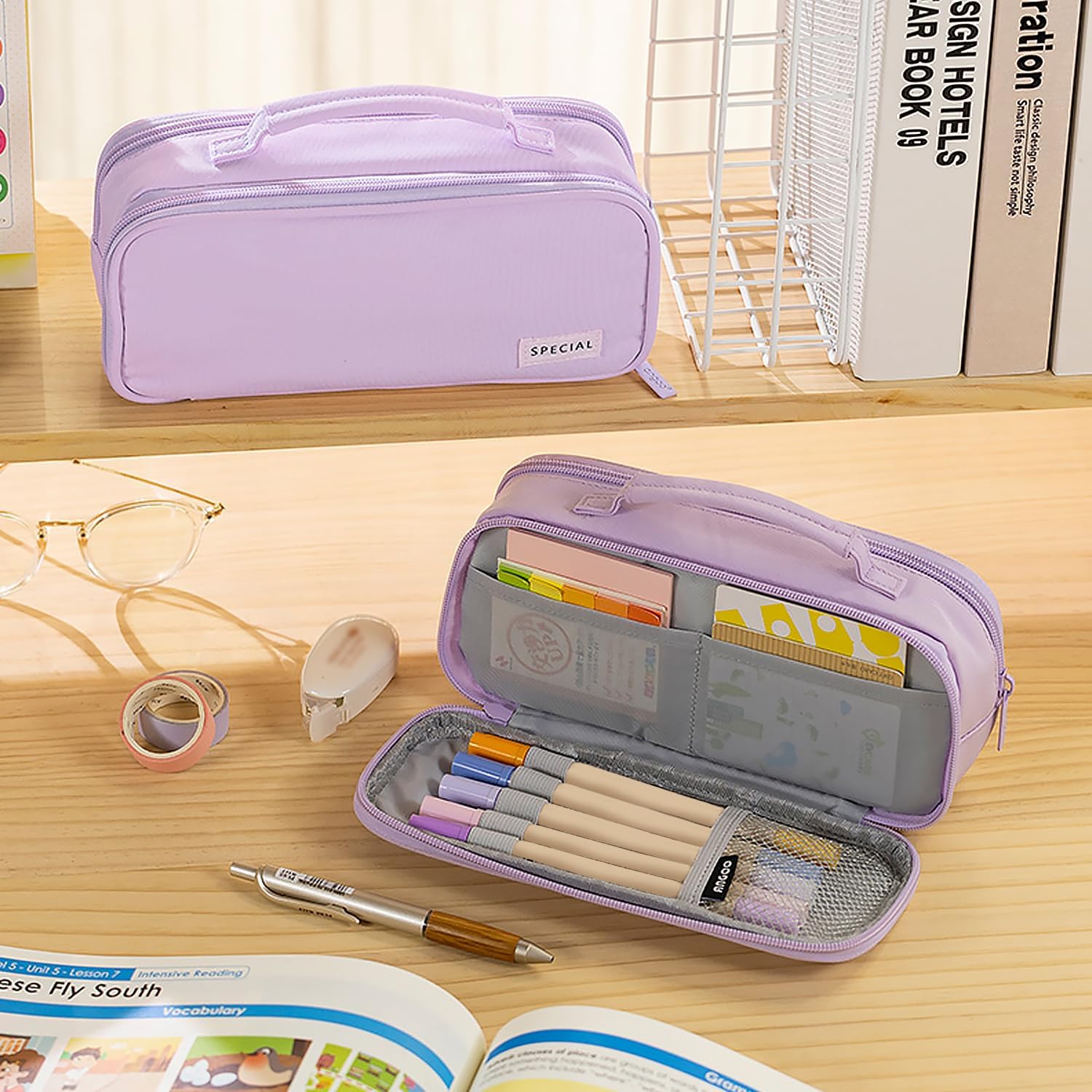 MAMUNU Pencil Case Large Capacity with 3 Compartments, Pencil Case Pouch Bag with Zipper Handle Portable Pen Stationery Organizer for Teen Girls Adults College School Office Travel, Purple image 2