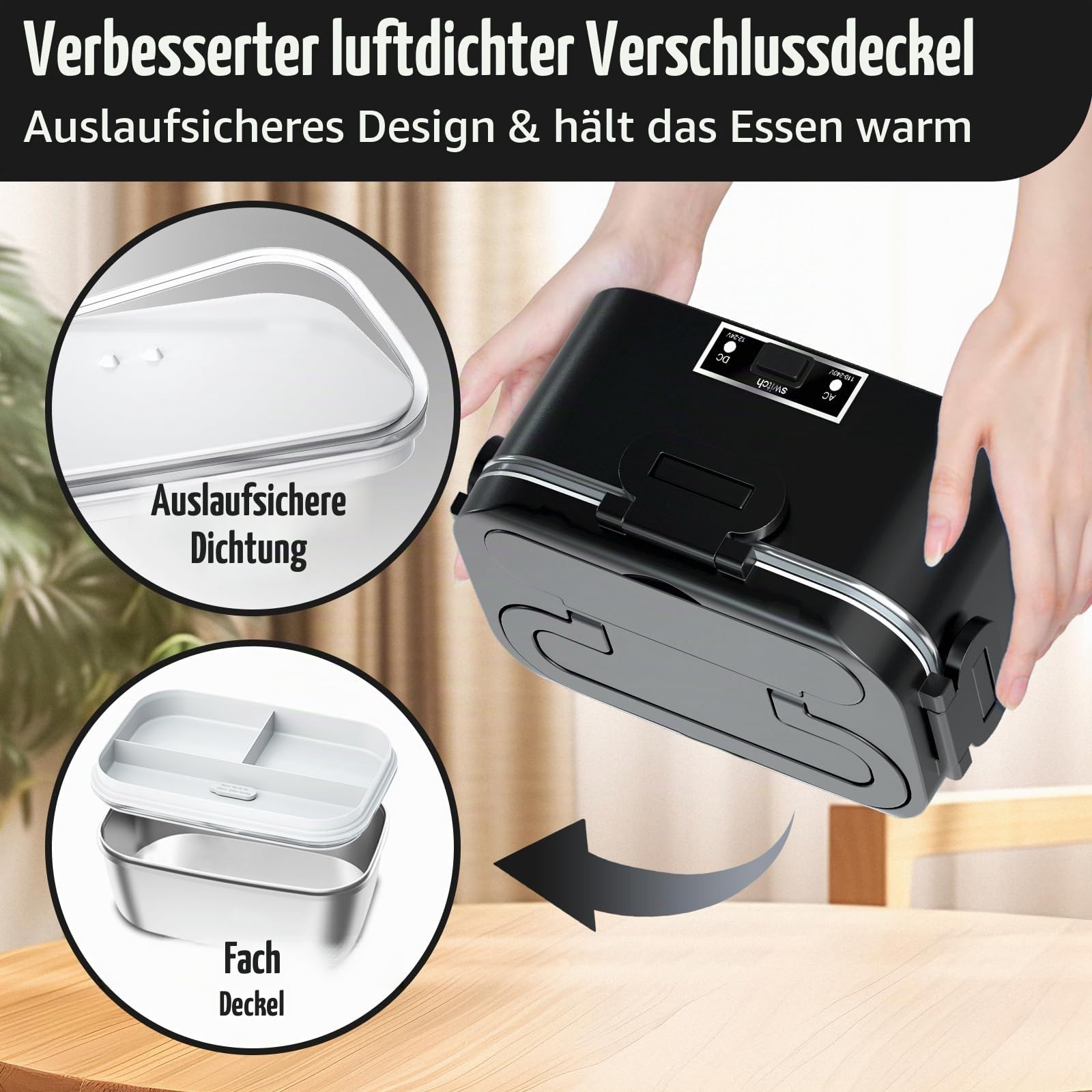 SOOOEC Elektrische Lunchbox 100W, 3-in-1 tragbare beheizte Lunchbox, Herausnehmbare Edelstahl-Brotdose, 12V/24V/220V Isolierte Wärmebox für Auto/Lkw/Büro, Mit isolierter Tasche (Black DD, H1.8L)