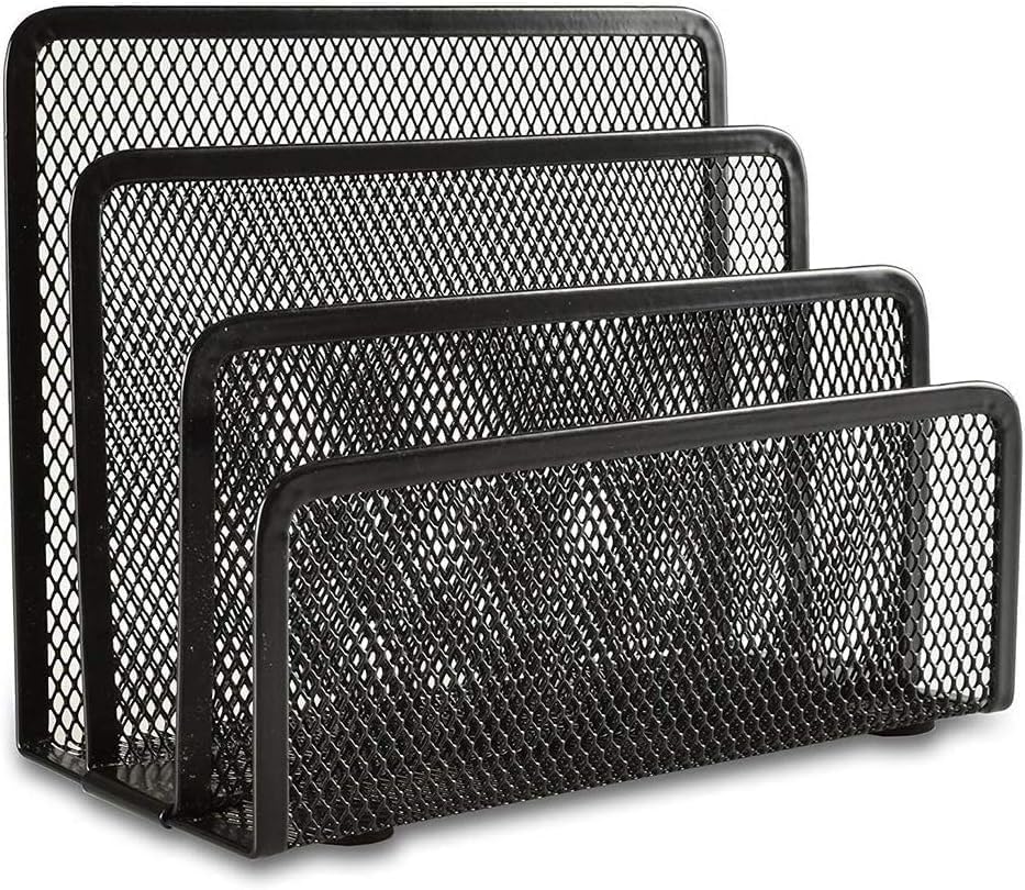 Desk Mail Organizer – Metal Mesh Desktop Letter Sorter with 3 Vertical Upright Compartments, Office Envelope & Paper File Holder for Home or Workplace, Black