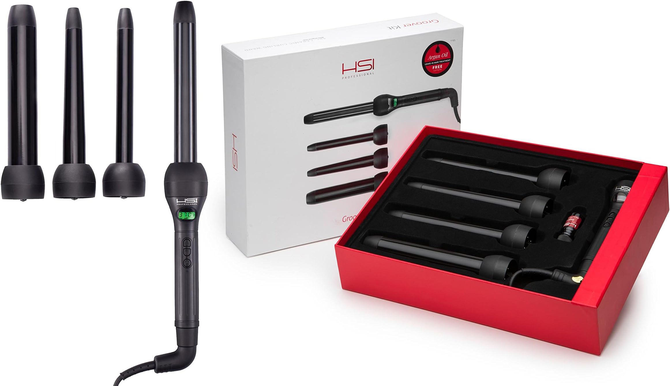HSI Professional Curling Iron Set. 4 Barrel Sizes 3/4",1",1.5" and 3/4-1" Dual Voltage 110-220V Professional Salon Model.Glove Included With Curling Wand.