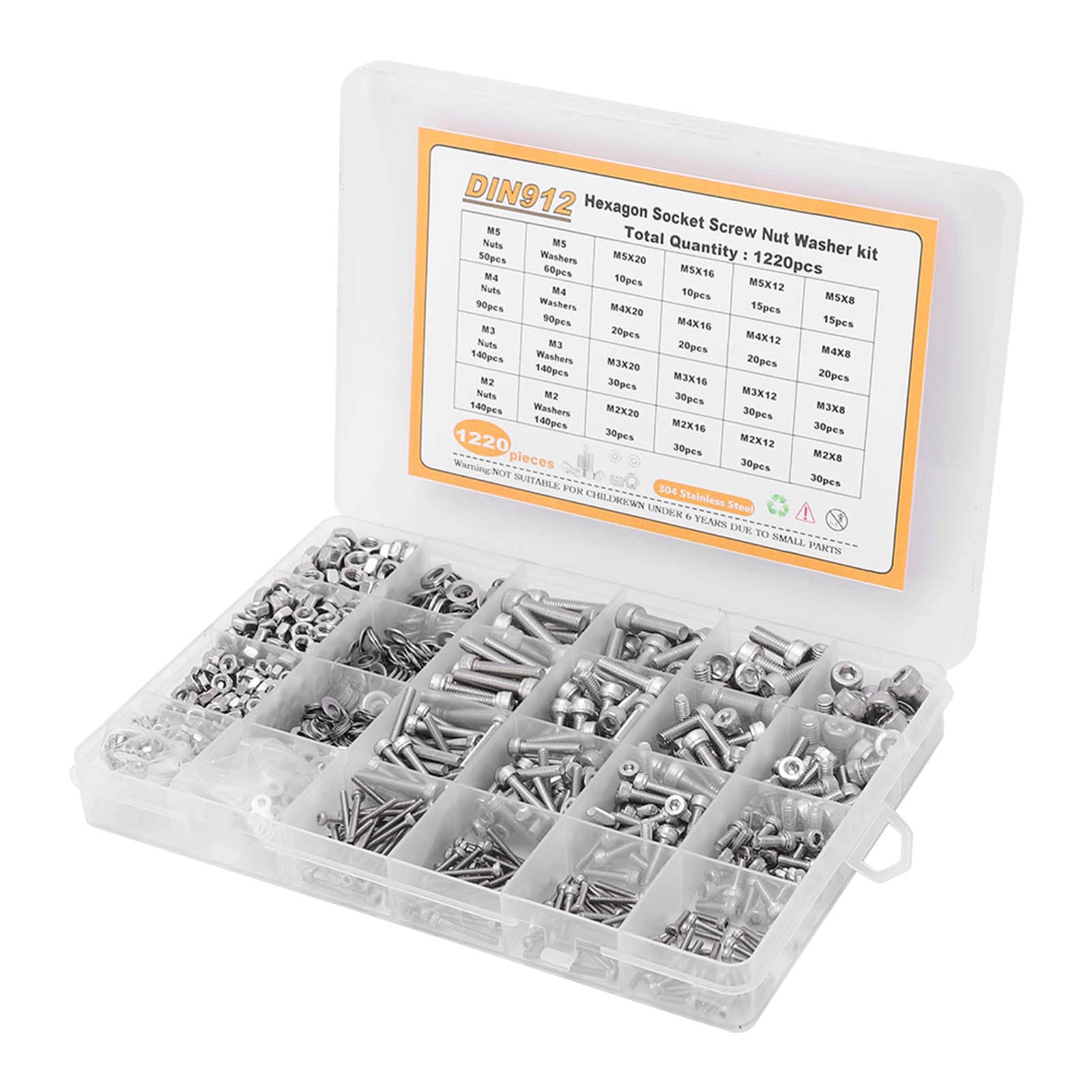 1220Pcs Screw Nut Washer Assortment, M2 M3 M4 M5 Round Head Hex Socket Stainless Steel Fastener DIN912