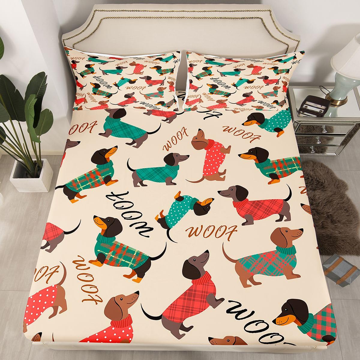 Cute Dog Fitted Sheet - Colorful Dog Print Bed Sheets for Kids, Cartoon Dachshund Puppy Bedding Set - Full Size, Ultra Soft + 2 Pillowcases