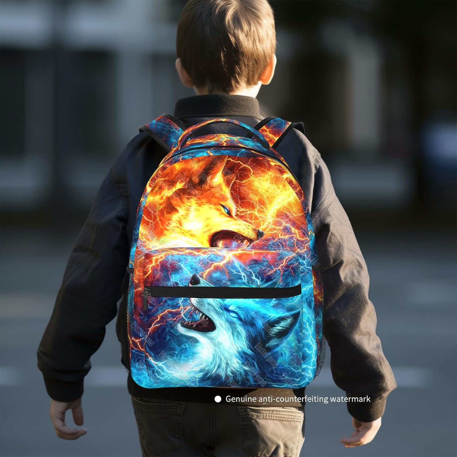 Kids Wolf School Backpack For Boys Girls Cool Fire and Ice Wolf Boys Backpack For Kids Children Teens Elementary Middle School Cool Lighting Bookbag Travel Back Pack for Age 6-18
