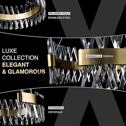 Miniatura 3 de IKK Candelabros dorados para comedores, lámpara de cristal dorado pulido de 24 pulgadas, moderna lámpara redonda con lámpara de acero inoxidable