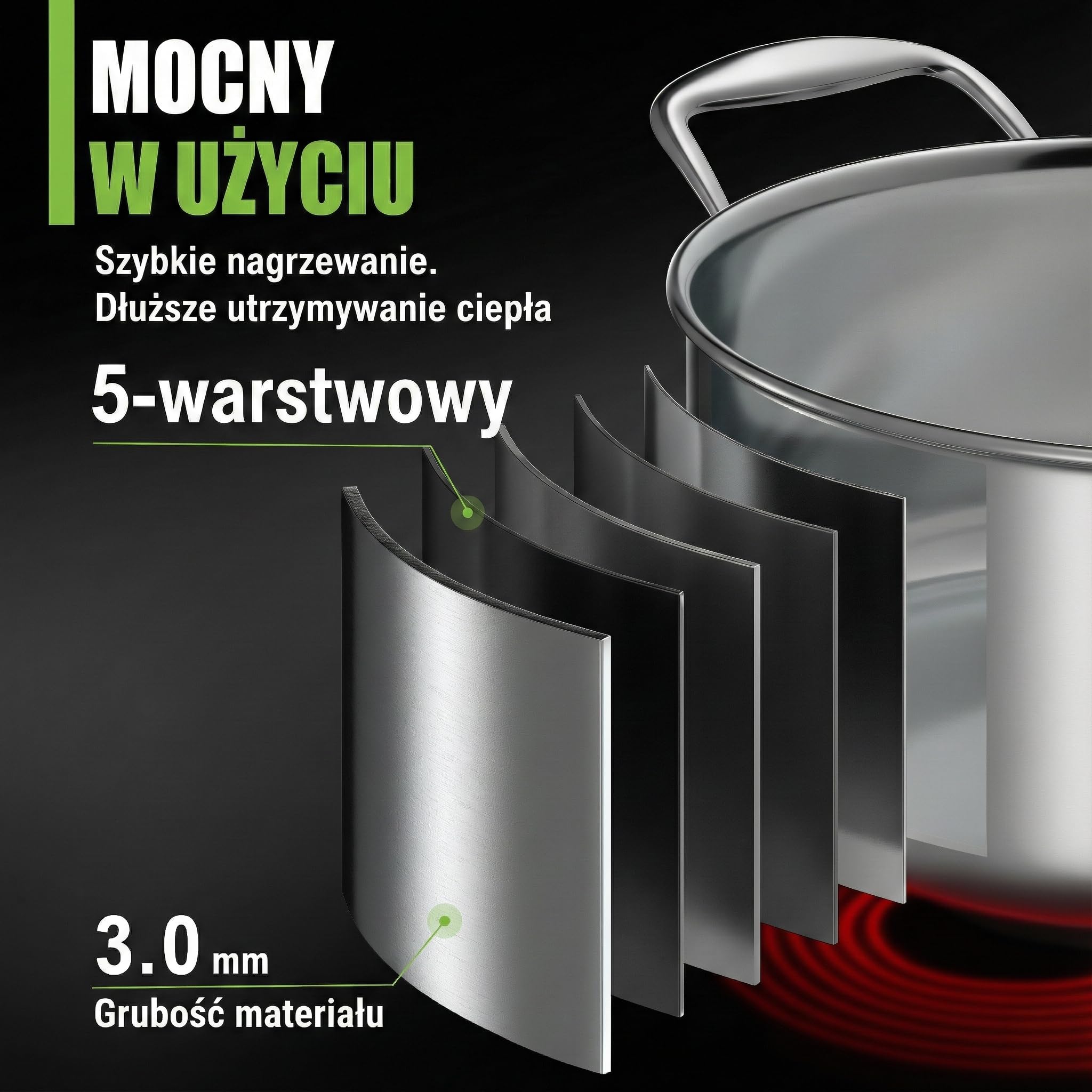 Garnek do zupy Ø 20 x 10 cm 3 l - 1,8 kg - garnek ze stali nierdzewnej nadaje się do kuchenek indukcyjnych, nadaje się do mycia w zmywarce - nowoczesna płaska szklana pokrywka - 5-warstwowa