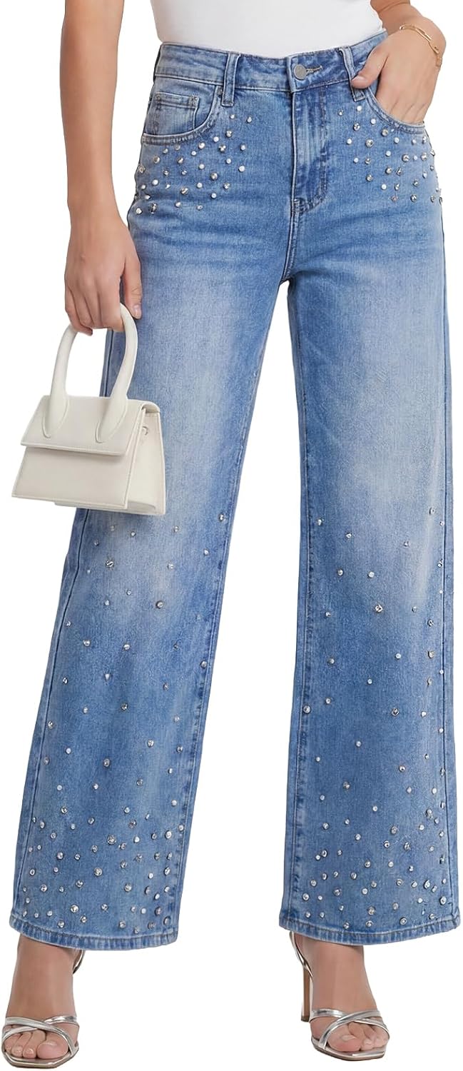 Kedera Womens Stretchy Pearl Jeans High Waisted Straight Wide Leg Bling Sparkly Rhinestone Pants Diamond Denim Trousers