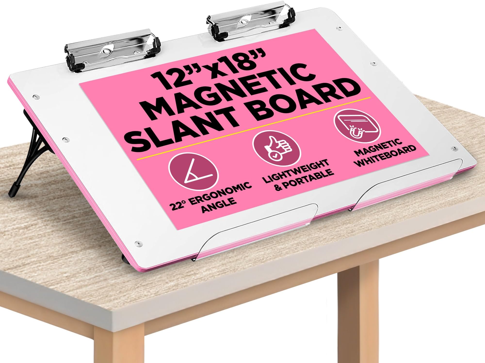 (Pink), A Sloped Work Surface for Reading, Writing, Art and Speech for Optimal Leaning -Portable Desktop Magnetic Dry Erase Whiteboard with Paper Clips and Book Catch