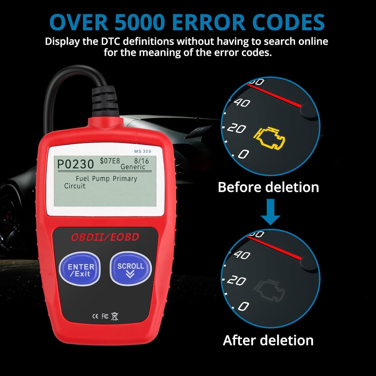 AUTOUTLET OBD2 Diagnostic Tool displaying an error code P0230, with an illustration of a check engine light before and after deletion.