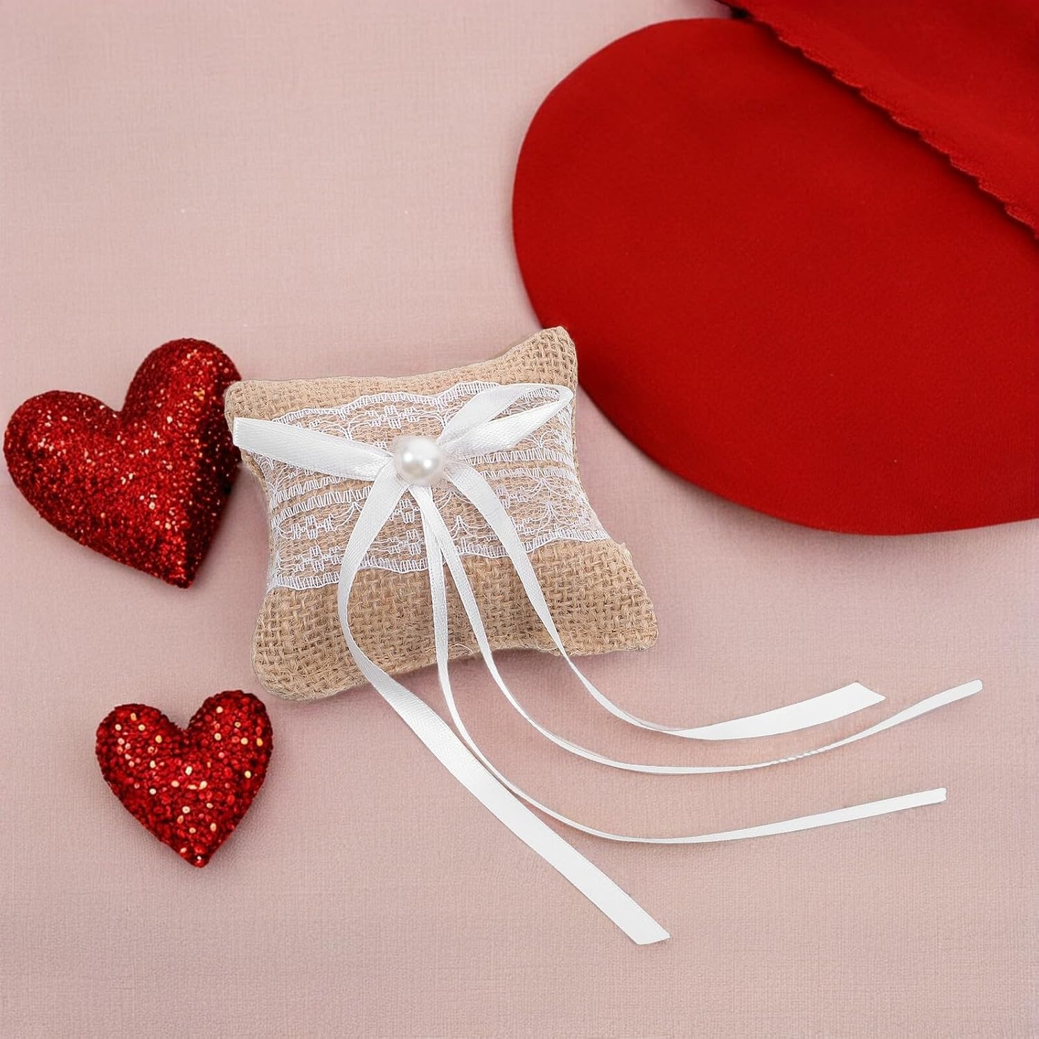 Rustic Burlap Wedding Ring Bearer Pillows 4pcs Set with Lace Ribbon Decorative Cushion for Ceremony Reception and Bridal Party