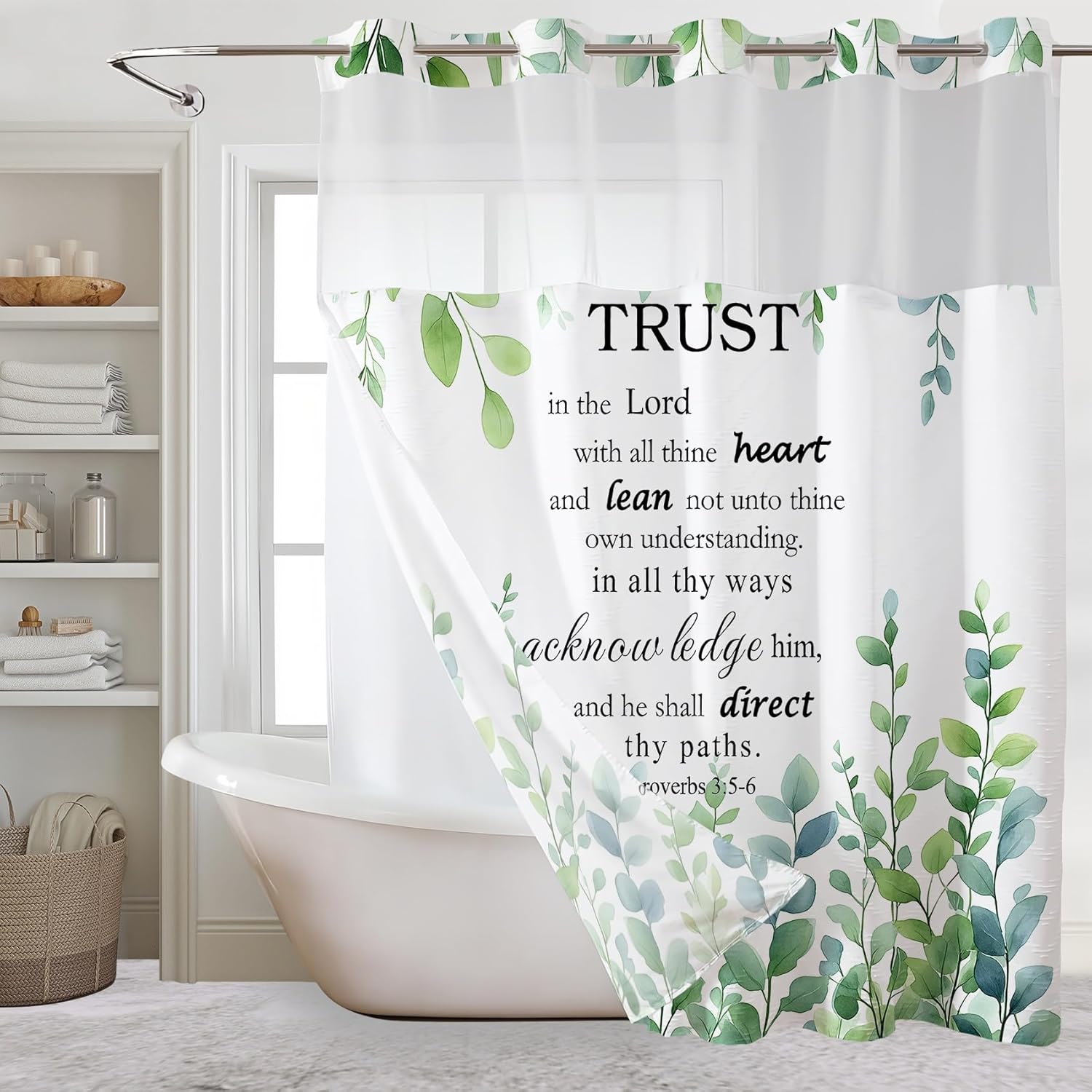 LB No Hook Shower Curtain with Snap in Liner Botanical Shower Curtain for Bathroom Scripture and Plant Green Leaf Eucalyptus Bathroom Curtains Shower Set, 72x74 inches Shower Curtain and Liner Set