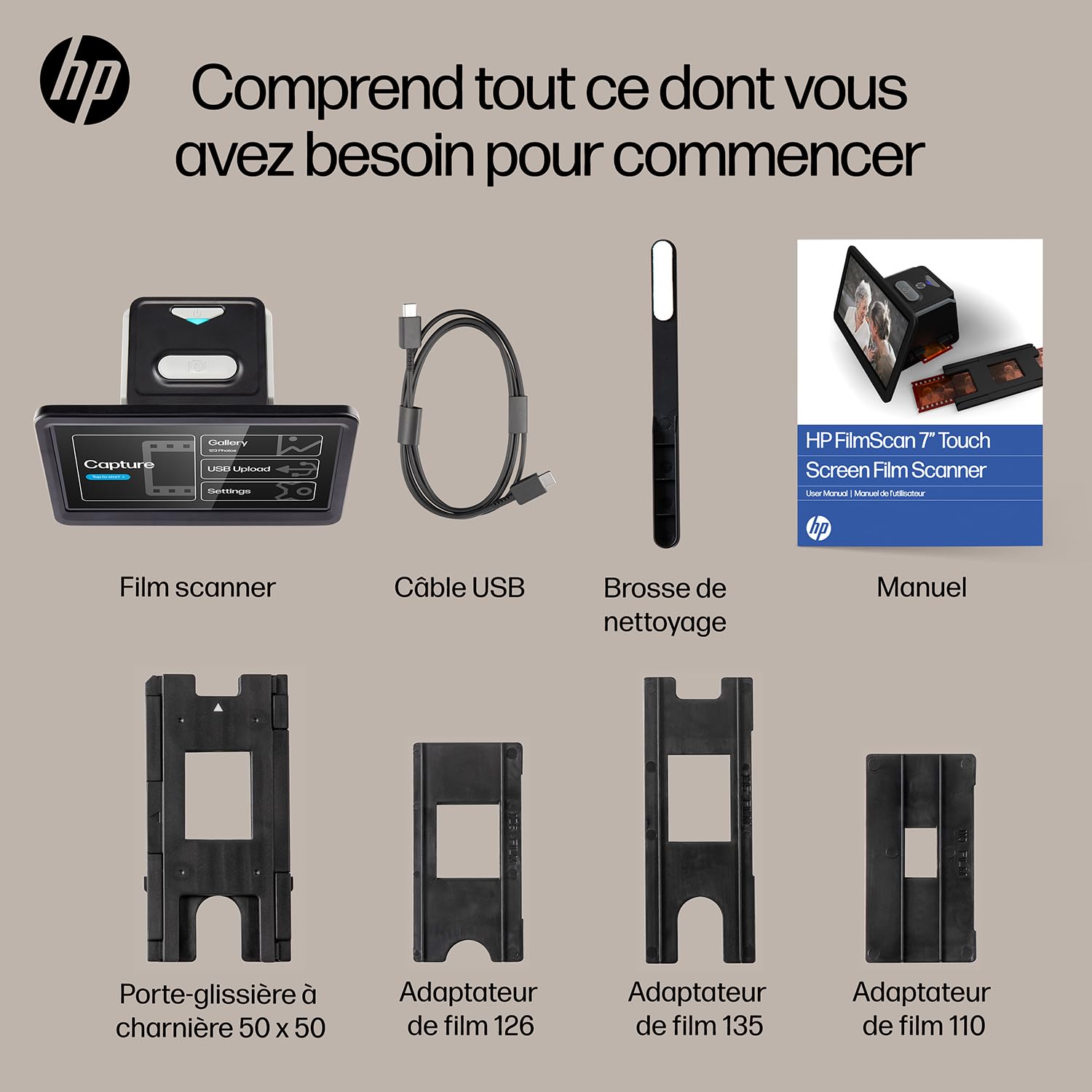 HP FilmScan Numériseur de film et diapositives à écran tactile avec écran LCD réglable de 7", convertit rapidement les négatifs et les diapositives en photos numériques JPEG de 22 MP, compatible avec