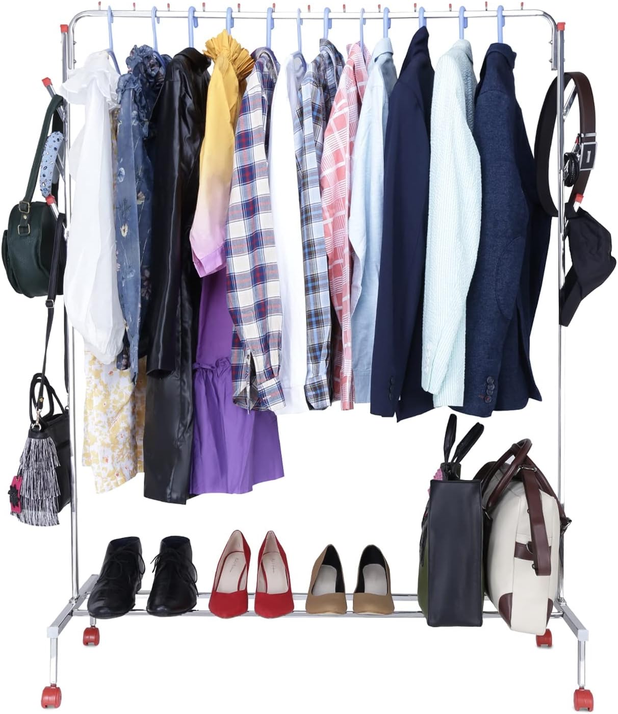 VEEN LIFETIME Stainless Steel Indoor Bedroom Clothes Coat Stand Shoes Rack,with Top Rod and Lower Storage Shelf with Wheels Clothes Rack