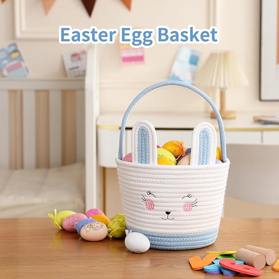 Easter Baskets for Easter Egg with Handle Woven Empty Hunt Boys' Lovely Bunny Rabbit Colorful Woven Basket First Easter Gifts for Boys, Babies, Kids, and Children (Blue)