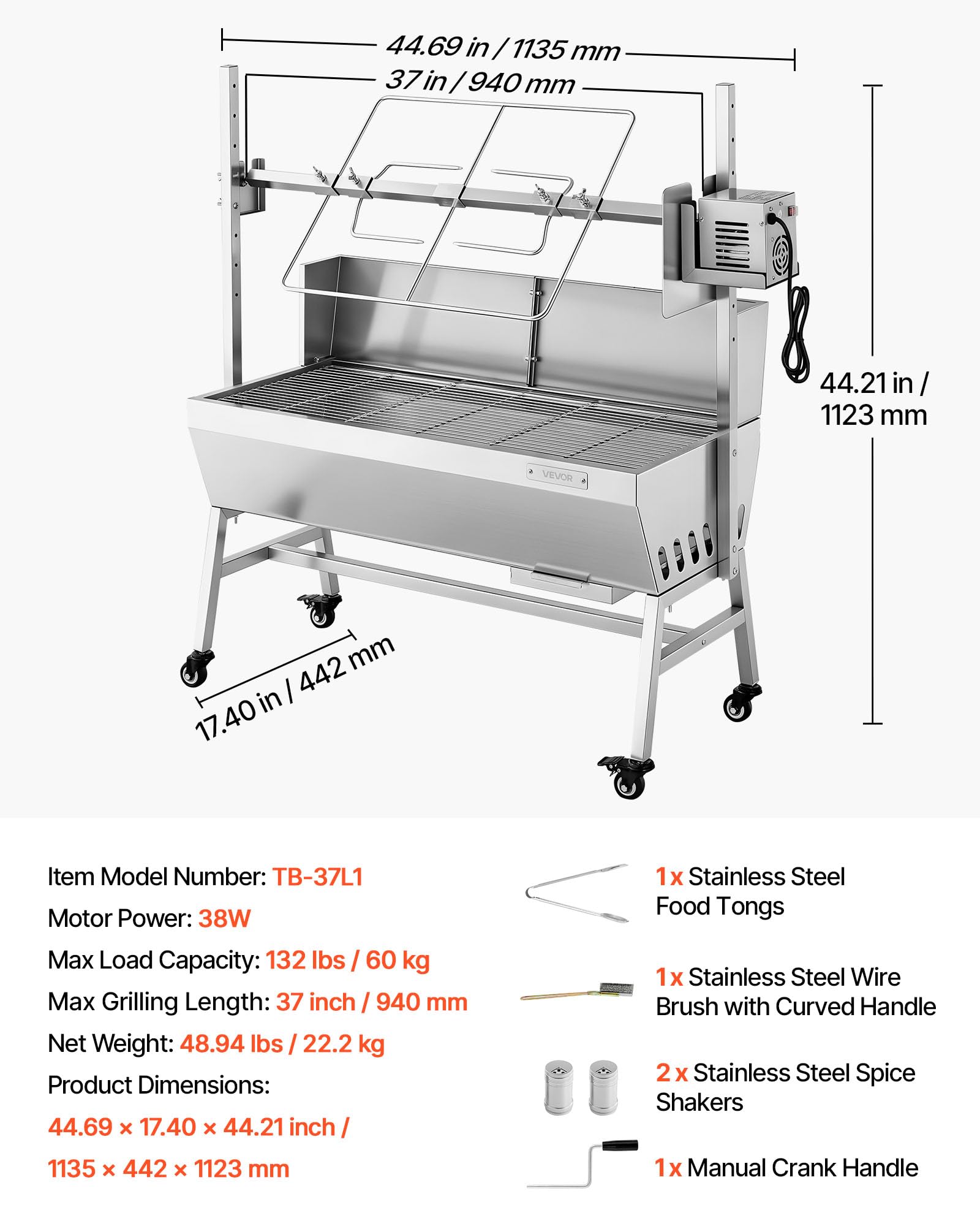 VEVOR Asador Giratorio Eléctrico 7 Niveles de Altura, Capacidad de Carga de 60 kg (37in, Modelo con deflector)
