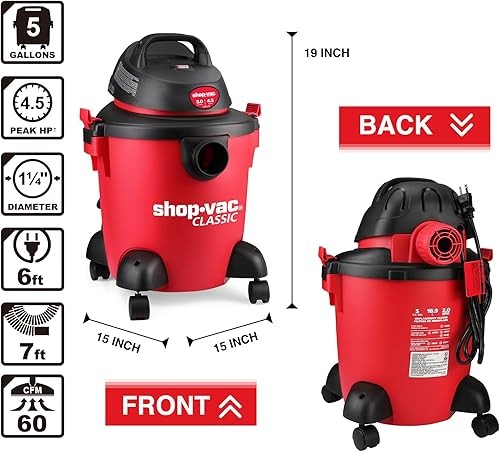 Vista 3 de Shop-Vac 5971536 - Aspiradora húmeda y seca de 5 galones, 4.5 pico de HP, portátil, resistente, función 3 en 1 con accesorios para casa, garaje