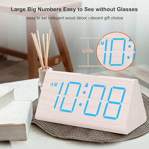 Miniatura 2 de DreamSky Wooden Digital Alarm Clocks for Bedrooms - Electric Desk Clock with Large Numbers, USB Port, Loud Alarm for Heavy Sleepers, Adjustable Blue