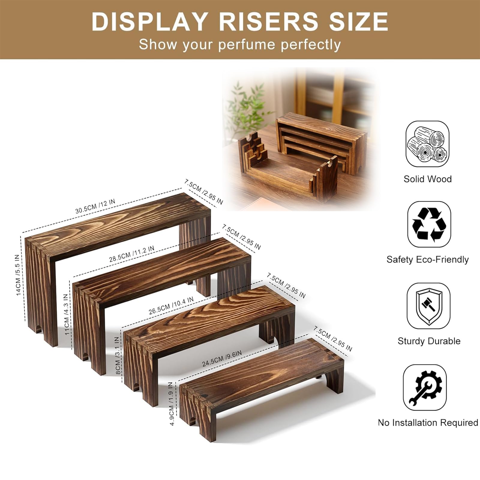 Alzata in Legno Massello 4 Ripiani, Porta Profumi, Espositore per Buffet, Supporto Display per Dolci, Collezioni, Figura, Libri, Cosmetici, Mensola Decorativa per Casa