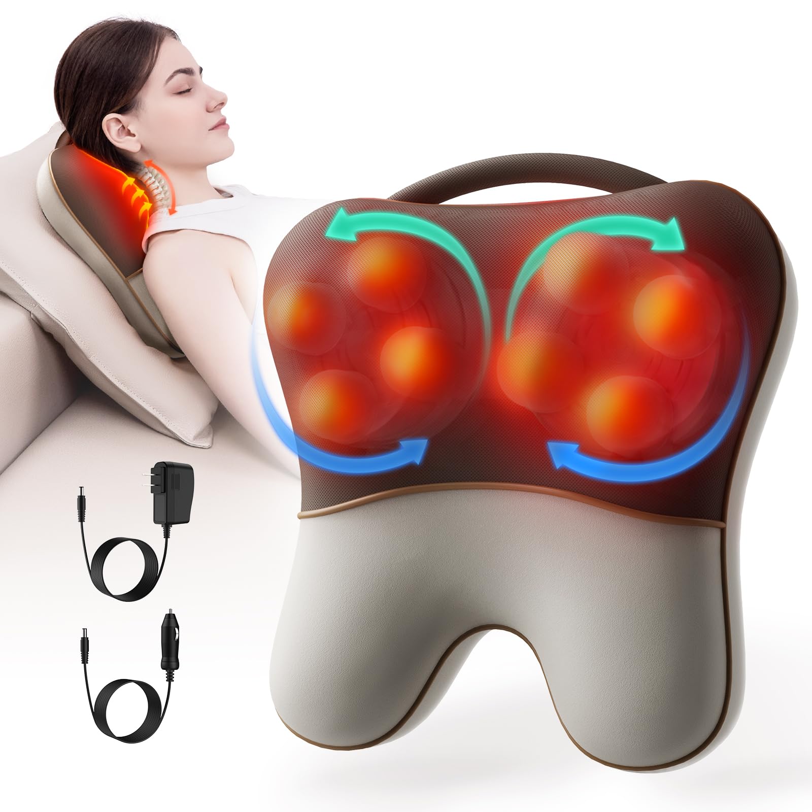 Shiatsu Neck and Back Massager with Heat, Back Massager for Pain Relief Deep Tissue, Massager for Neck and Shoulder Pain, Massage Pillow with Cover, Adjustable Straps & Portable Handle (No Battery)