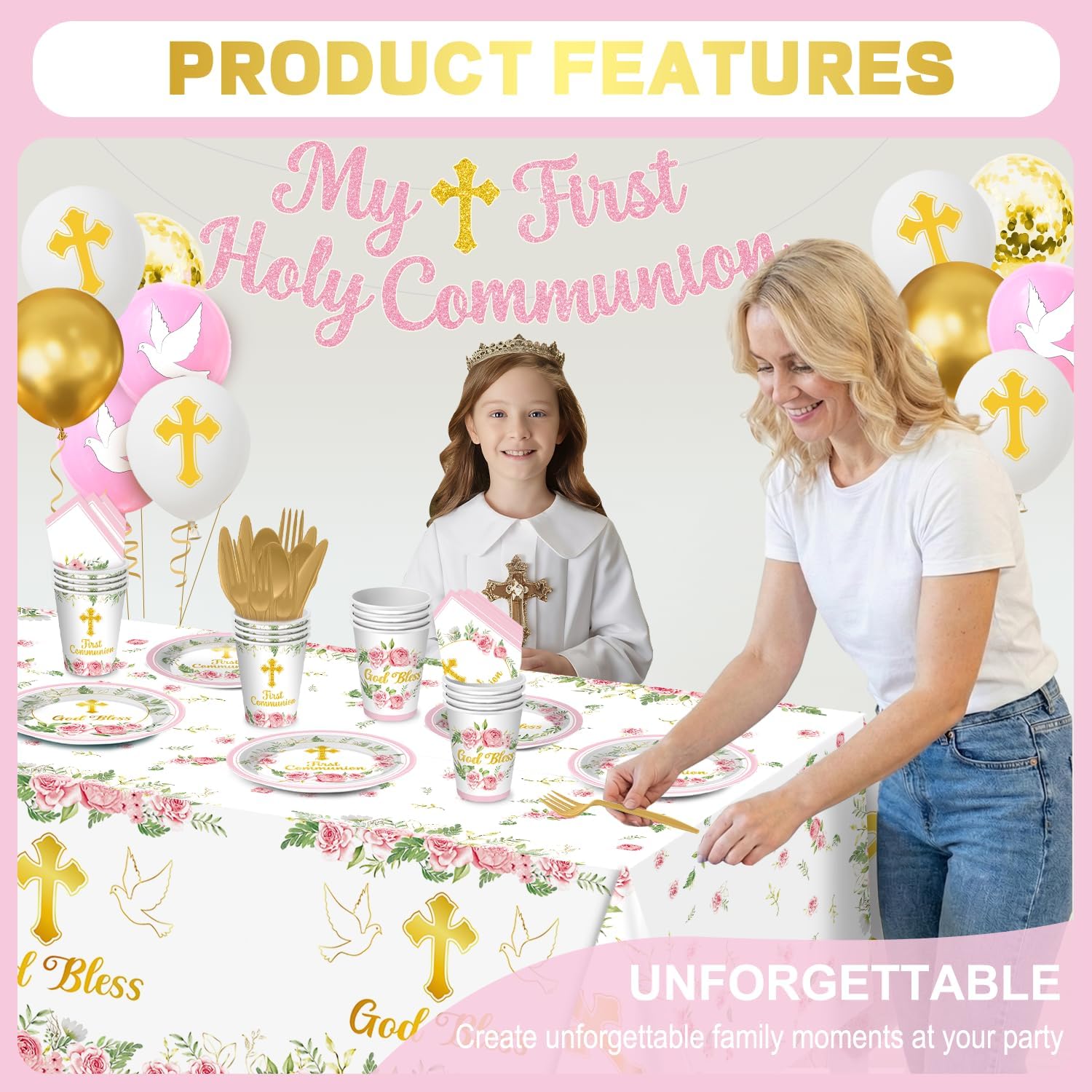 First Communion Decorations for Girls, 205pcs First Holy Communion Party Tableware Serves 24, First Communion Plates and Napkins, Cup, Tablecloth, Banner, Balloon, God Bless Baptism Decorations