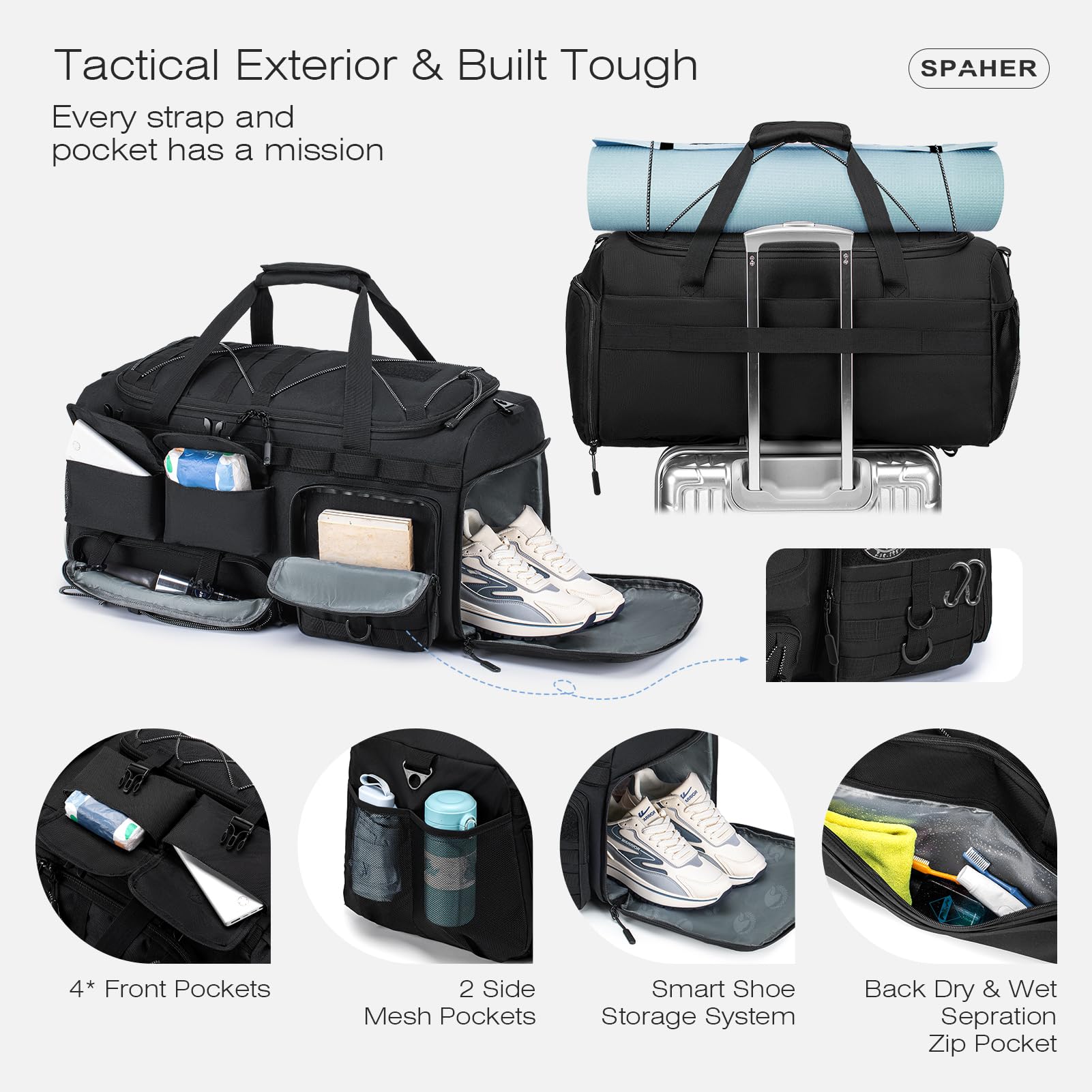 SPAHER 3 en 1 Sac de Sport Voyage Grand 60L Sac à Dos Tactique Homme, Noir | Compartiments Chaussures & Humide, Style Tactique, Bandoulière Rembourrée Amovible, pour Sport, Randonnée, Camping, Natation
