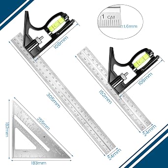 3Pcs Combination Square Set, 150 + 300mm Combination Try Square Tool with Spirit Level, Adjustable Set Square Carpentry with 7 inch Speed Squares Measuring Tools for Woodworking Engineer Carpenter