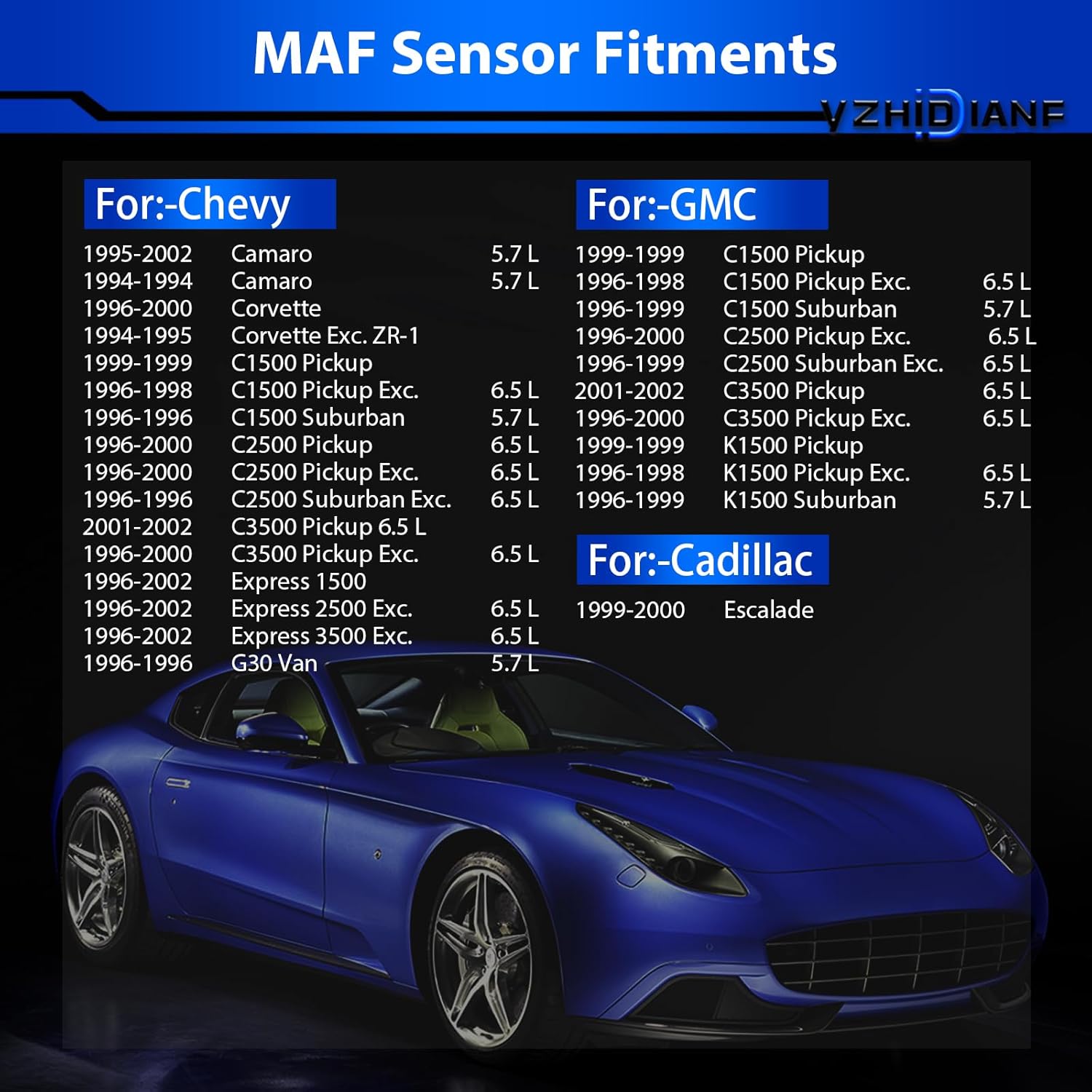 Mass Airflow Sensor AF10044 Fits for:-Chevy Camaro Corvette C1500 2500 3500 Pickup Express for:-GMC K1500 for:-Cadillac Escalade 5.7L 6.5L 1994-2002 OE#2134657, AF10056, 19171541, 19207203