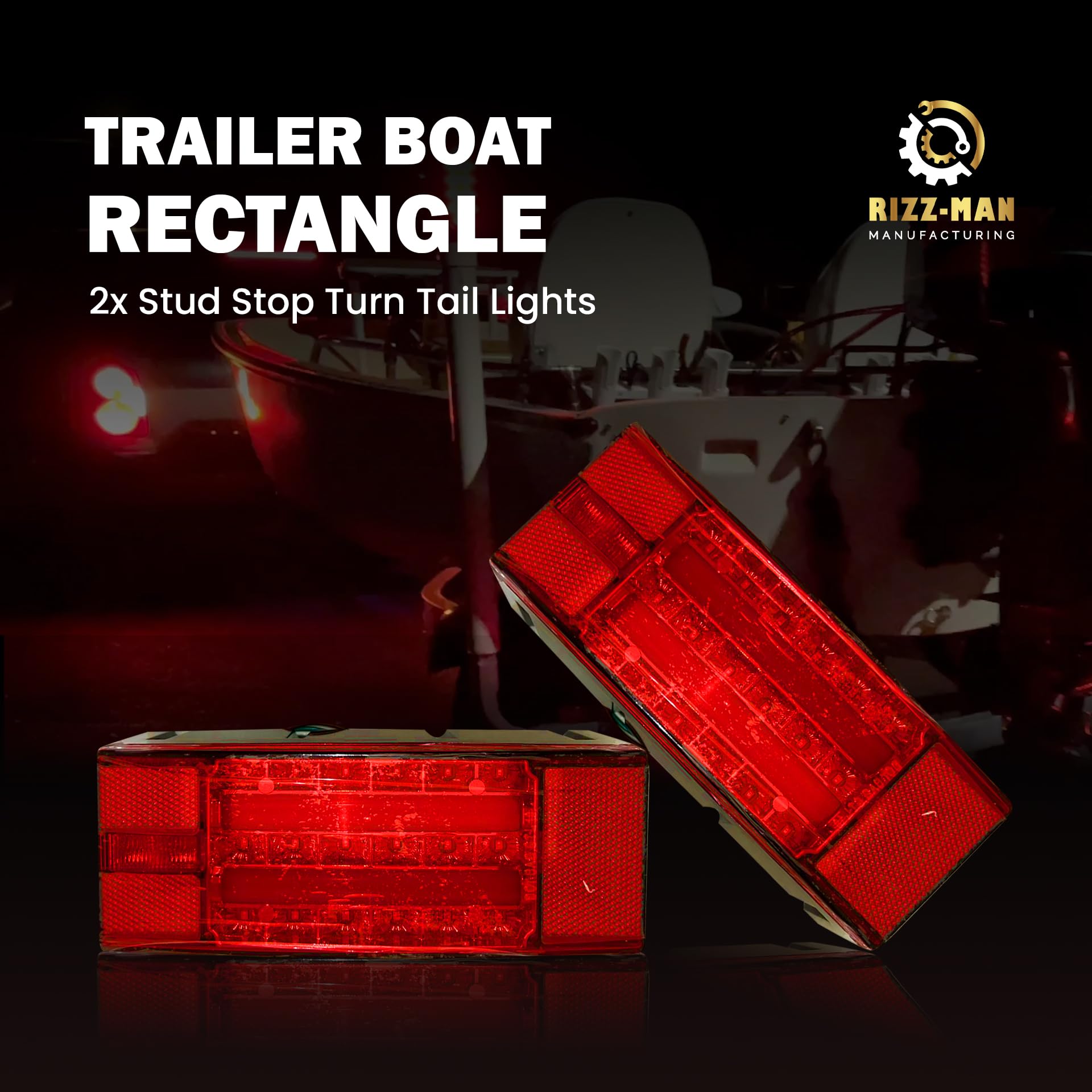 Rizz-Man Rectangle LED Trailer Tail Lights Kit, 2x Stud Mount, Stop Turn Tail Lights for Trailers and Boats