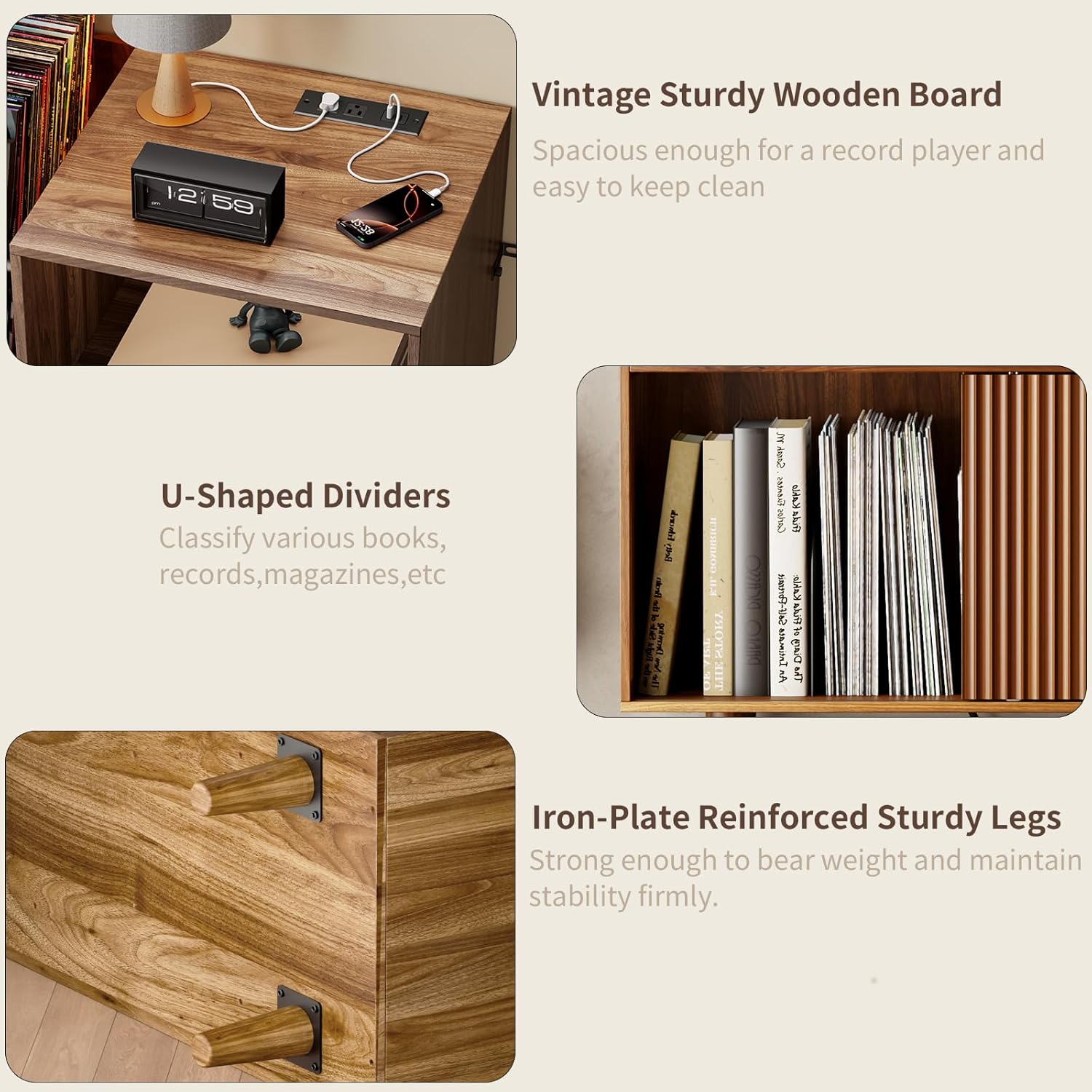 Large Record Player Stand with Power Outlets & LED Lights, Record Player Table Cabinet with Vinyl Record Storage Holds up to 300 Albums, Turntable Stand for Living Room, Bedroom