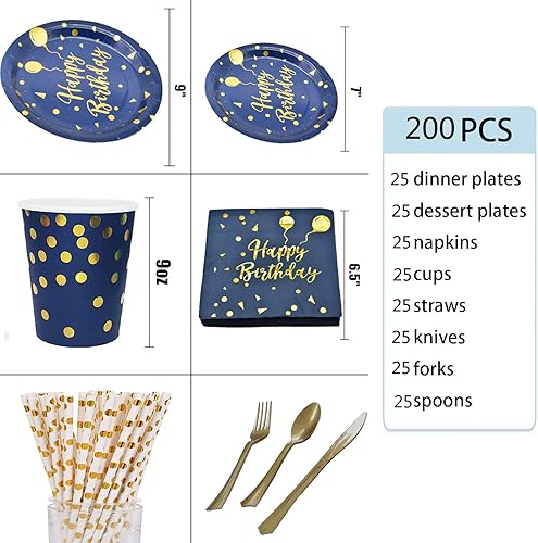 Miniatura 3 de Sirve 25 invitados, 200 unidades de platos desechables de feliz cumpleaños y servilletas suministros para fiesta, juegos de decoración de fiesta de