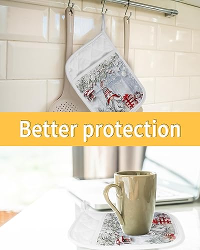 Miniatura 7 de Juego de 2 agarraderas de gnomos de Navidad para cocina, antideslizantes y aislantes de calor, juego de agarraderas de tela de toalla con bolsillo,