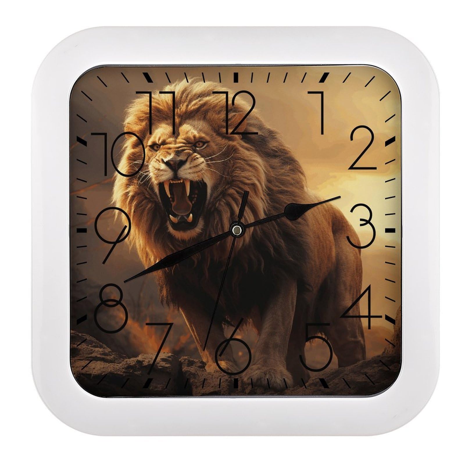 VstaDank Angry Roaring Lion Wall Clock Silent Non-Ticking Clocks Modern Frame Square Wall Clocks Battery Operated Analog Clock Home Decor for Living Room Bathroom Kitchen Office 10 in