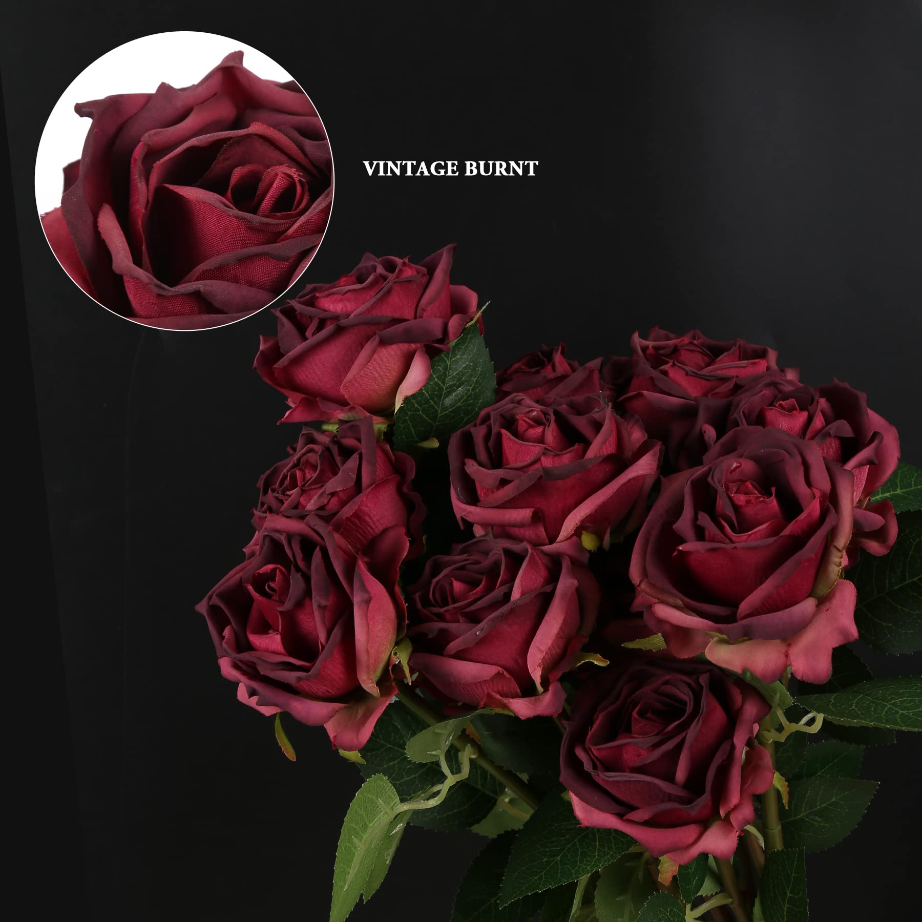 IPOPU Burgundy Roses Artificial Flowers 12PCS Roses Flowers Heads Dried Silk Flowers Burgundy Flowers Artificial for Decorations with Single Stems for Floral Arrangements Wedding Flowers (Burgundy)