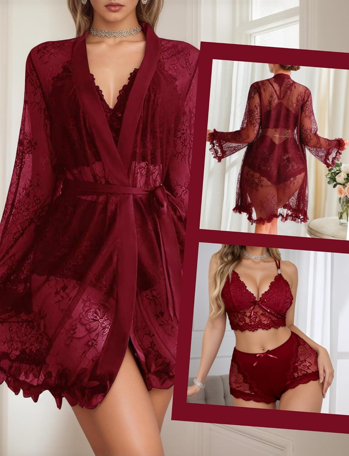 SEAUR Women's 3 Piece Lingerie Set Lace Bralette Panty with Kimono Robe Sleepwear Nightwear