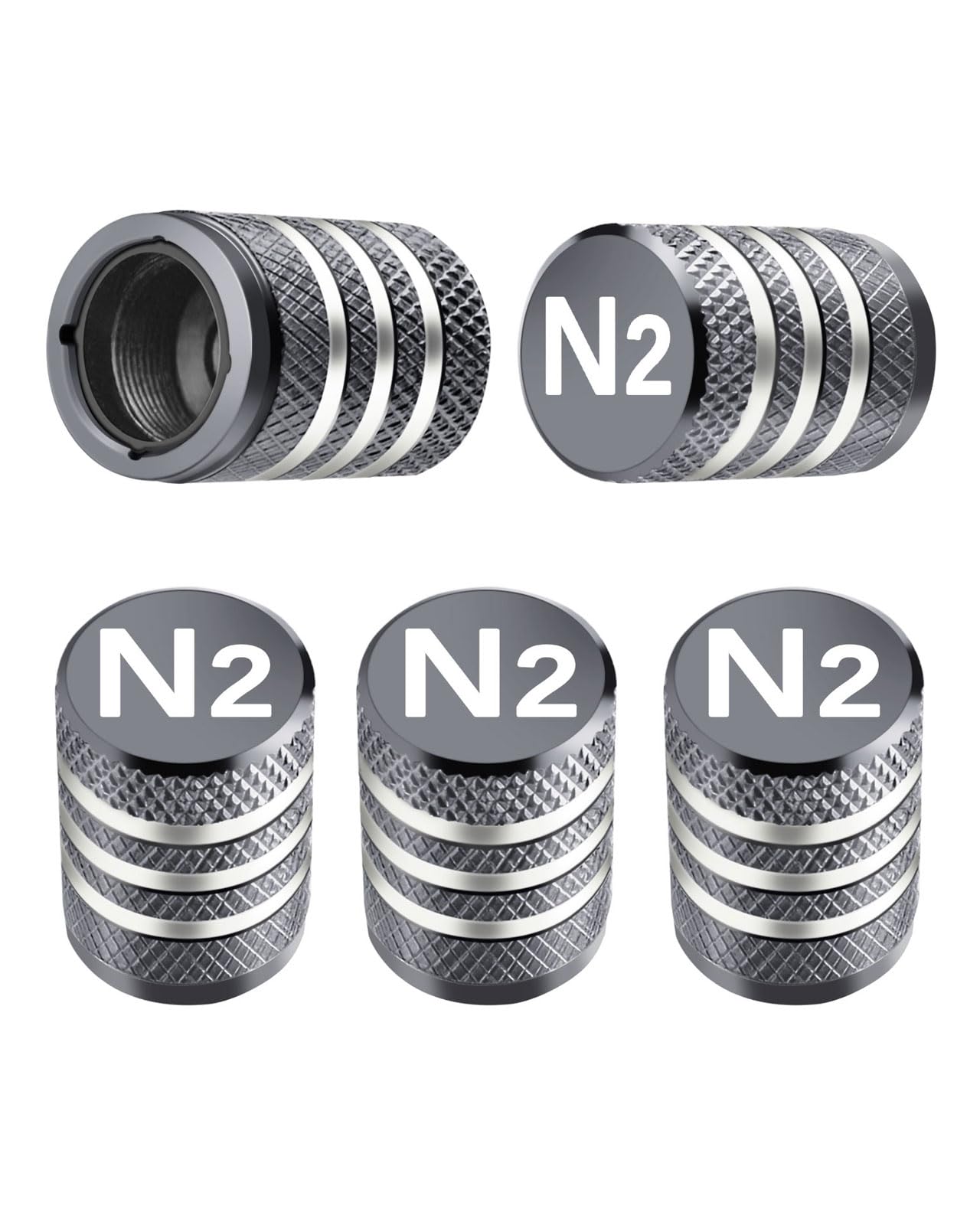 Tire Valve Stem Caps Cover - (5 Pack) Tire Air Cap N2 Nitrogen Metal with Plastic Liner Corrosion Resistant Leak-Proof for Car Truck Motorcycle Bike Grey