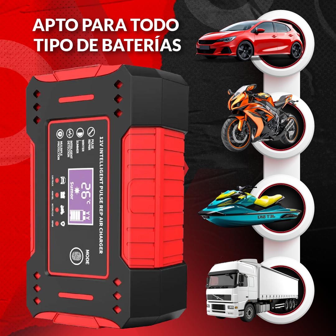 SweetSolutions© Cargador Baterias Coche 12V6A | Cargador De Batería Coche con Función Inteligente | Reparación Automática | Pantalla LCD | Automóviles Moto Camión AGM Gel SLA