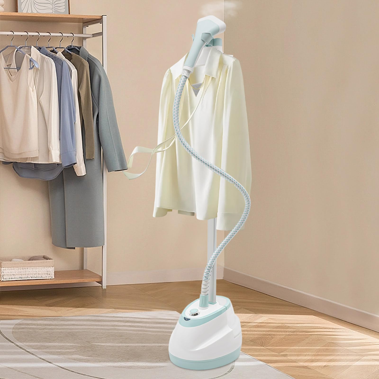 Parownica stojąca o mocy 1800W, wydajny parownik, czas nagrzewania 45s, zbiornik na wodę 1,6l, parownica do ubrań z deską do prasowania i wieszakiem na ubrania, profesjonalne urządzenie do usuwania