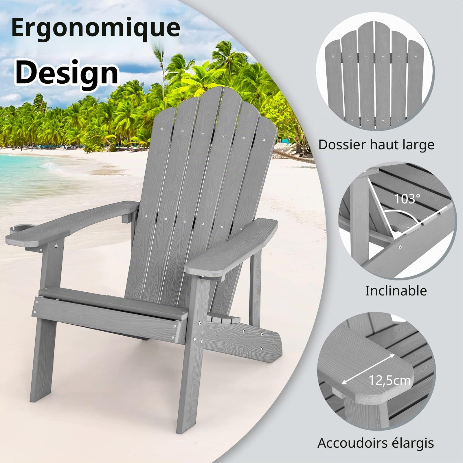 GIANTEX Fauteuil Adirondack en HIPS, Porte-Gobelet Réglable, Dossier Haut, Résistante aux Intempéries, Fauteuil de Jardin Exterieur pour Jardin, Terrasse, Balcon, Charge 170 kg, 85 x 77 x 94 cm, Gris